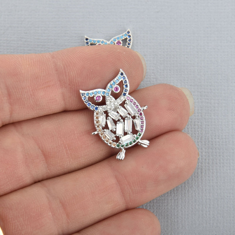 1 Silver Owl Charm Micro Pave Rhinestone Connector Link chs4945