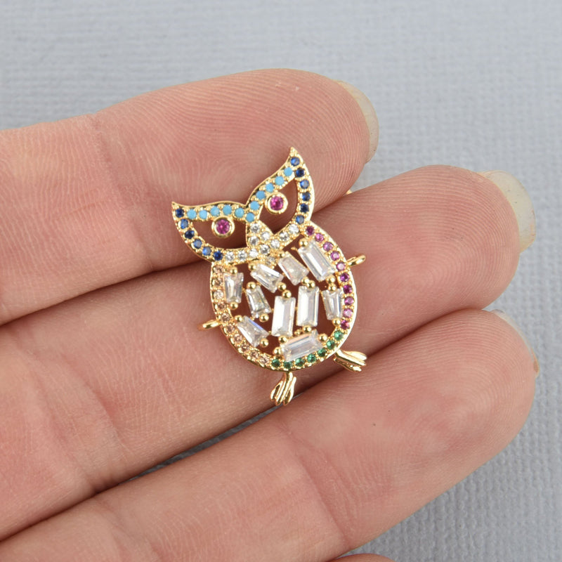 1 Gold Owl Charm Micro Pave Rhinestone Connector Link chs4947