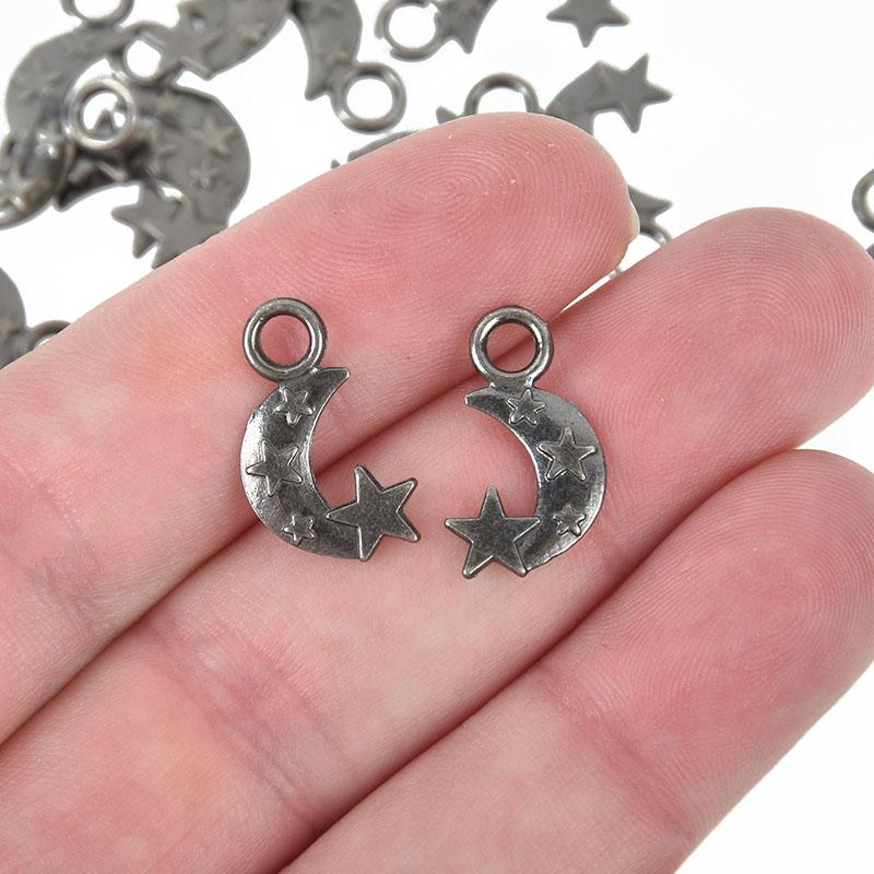 10 Gunmetal Black MOON and STARS Charms Pendants chs4951