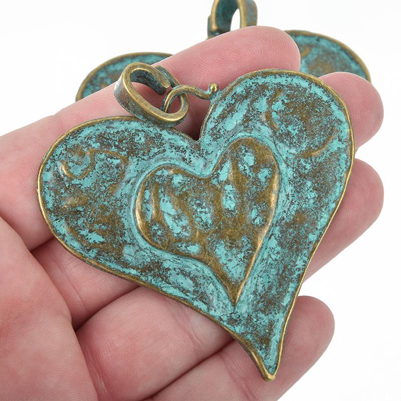 1 BRONZE HEART Pendant blue green verdigris patina, hammered metal, layered brass metal, 74x64mm, 2-1/2" wide, chs4953