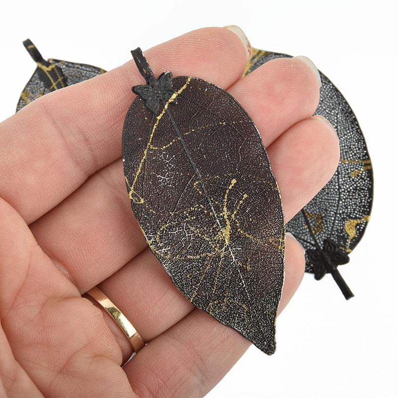 2 Real Leaf Charms BLACK with GOLD streaks 2.5" to 3" long chs4956