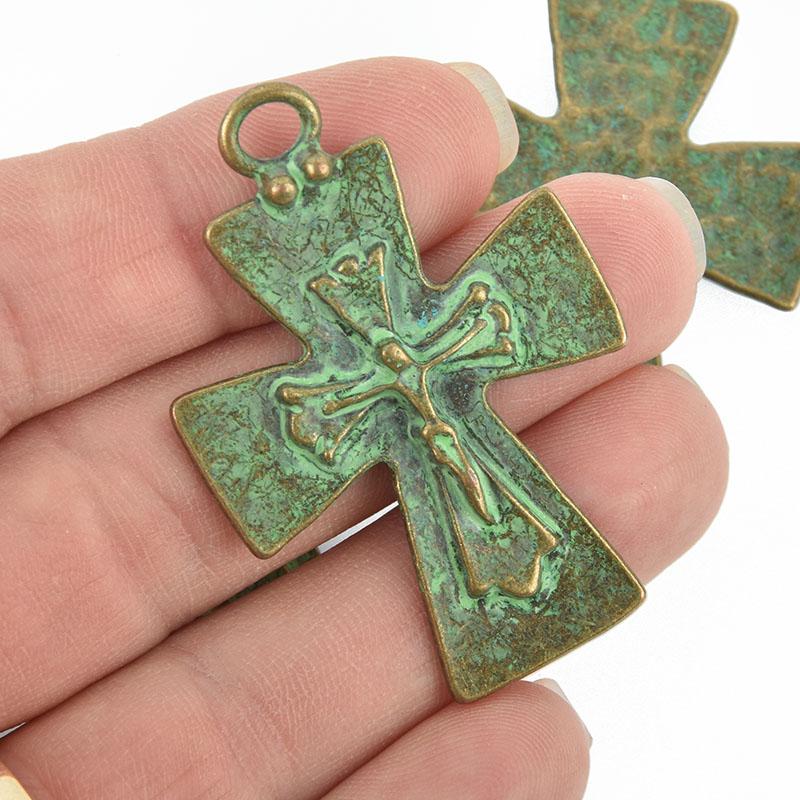 4 Bronze Crucifix Cross Charms with green verdigris patina, large 2" long, chs4961