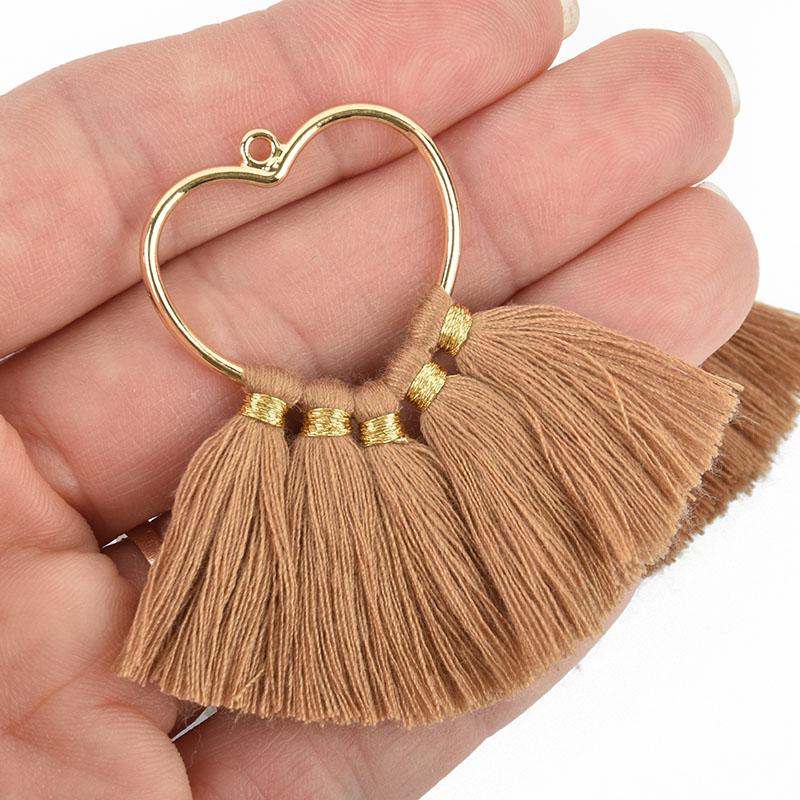 2 Large Tassel Charms Gold HEART with CARAMEL BROWN Fringe Tassels 75x55mm chs4965