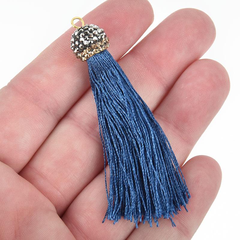 Royal Blue Tassel Pendant, Tassel Necklace Enhancer, Rayon Fibers, Lt Gold Loop, Pave' Rhinestone Bail, about 3-1/4" long, chs4974