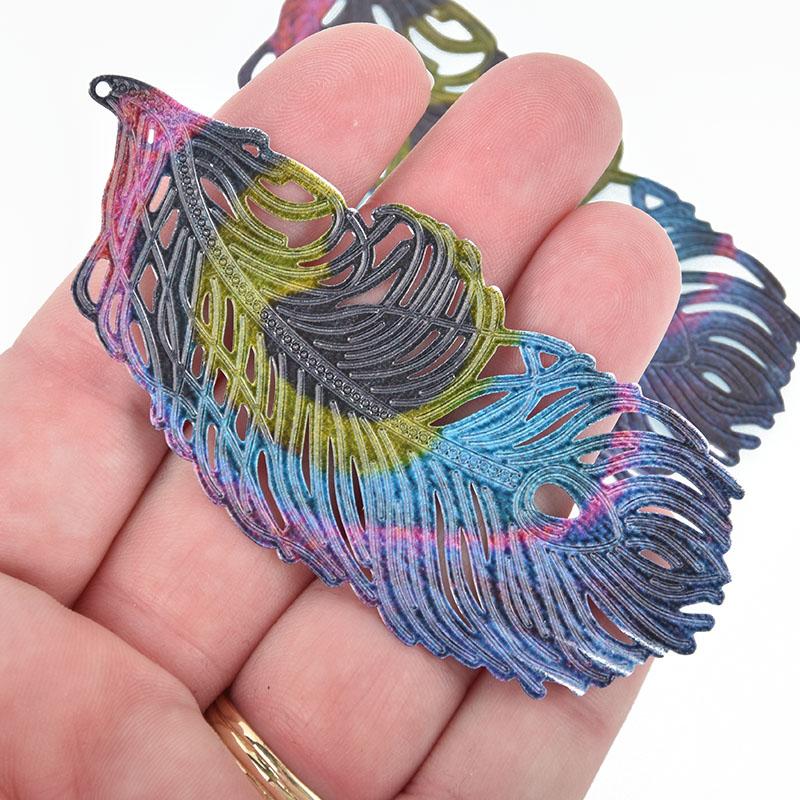 5 Metal PEACOCK FEATHER Charms Filigree Enamel 3.25" chs4979