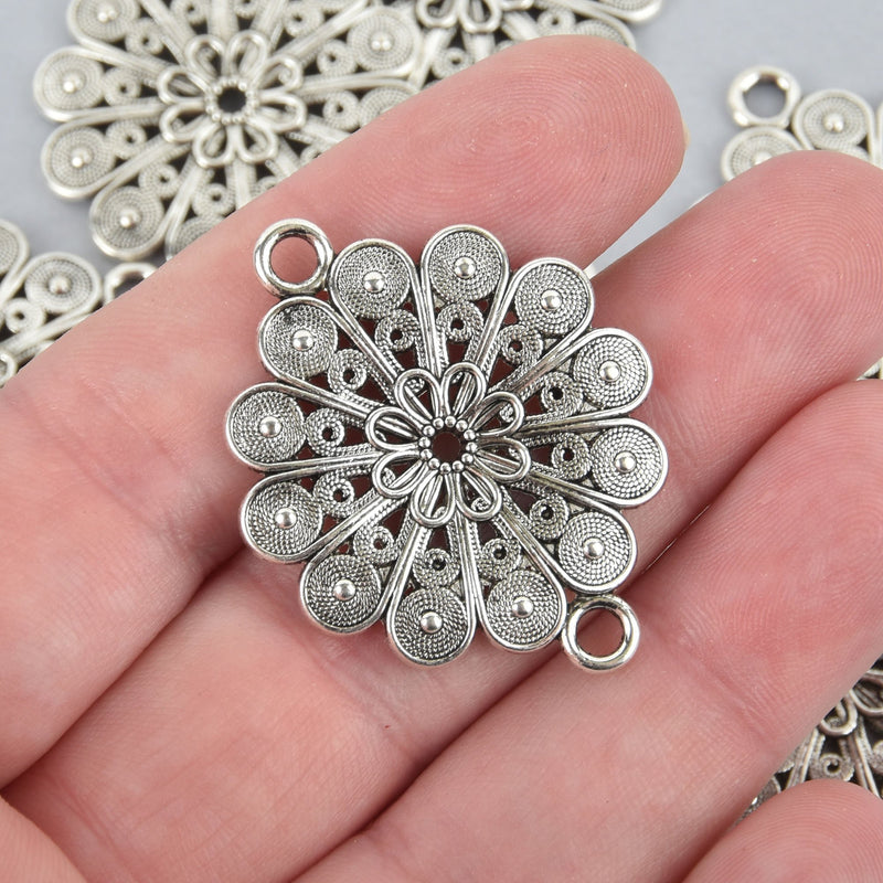 10 Silver Round FLOWER Circle 2-hole Connector Charms chs4989