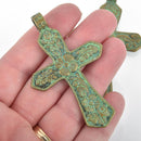 1 Large CROSS Charm Pendant Bronze with blue green verdigris patina, floral design, 2.75" long, chs4991