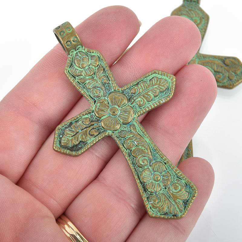 1 Large CROSS Charm Pendant Bronze with blue green verdigris patina, floral design, 2.75" long, chs4991