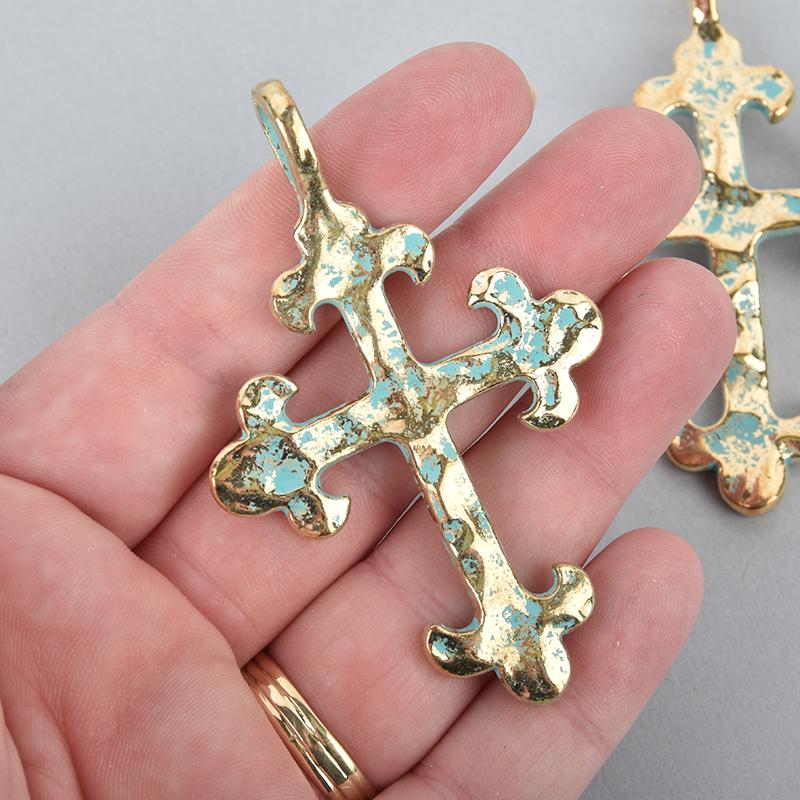 2 LIGHT GOLD Cross Fleury Relic Charms, Blue Verdigris Patina 3" long chs4992