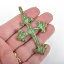 2 BRONZE Cross Fleury Relic Charms, GREEN Verdigris Patina 3" long chs4994