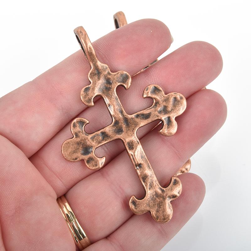 2 COPPER Cross Fleury Relic Charms, Large Fleur de Lis Cross, Hammered Metal 3" long chs4995