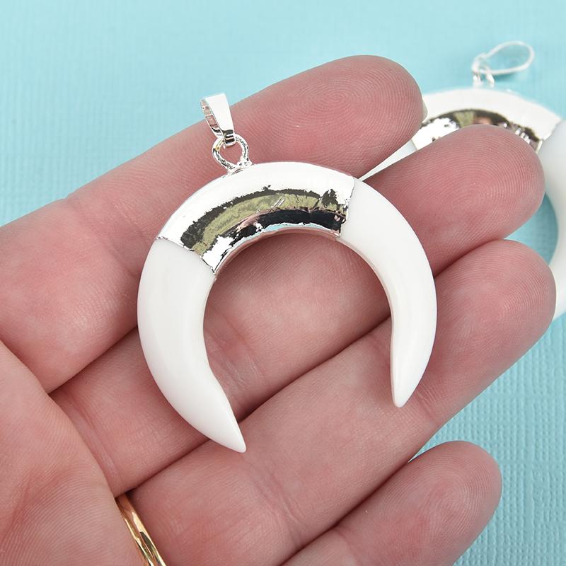 White Porcelain Moon Charm Double Horn Silver Bail 40mm chs5001