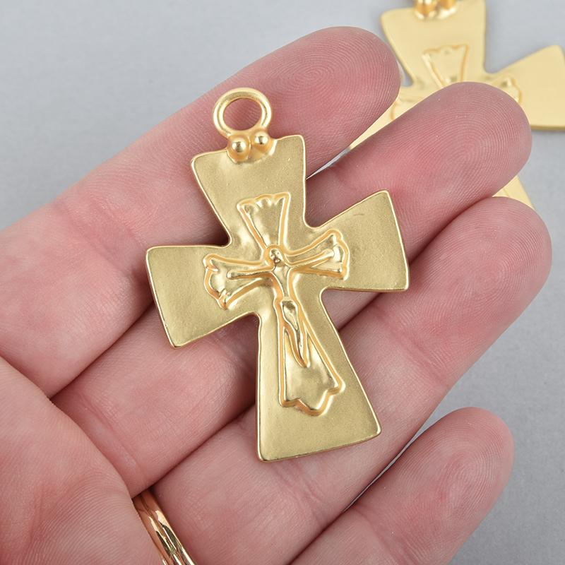 2 Matte Gold Crucifix Cross Charms with gold foil, large 2" long, chs5002