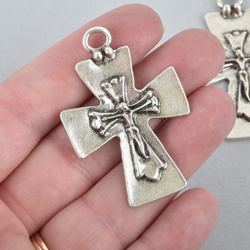 2 Silver Crucifix Cross Charms large 2" long, chs5003