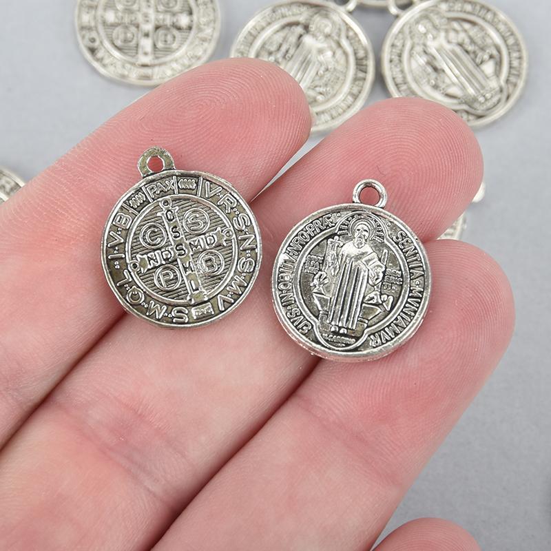 10 Religious Medal Charms, Silver Relic double sided Patron Saint charms, 18mm, chs5004