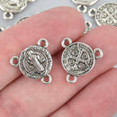 10 Silver Rosary Tri-Piece Jewelry Charms, Connector Link, Oval Patron Saint Medal, 16mm chs5005