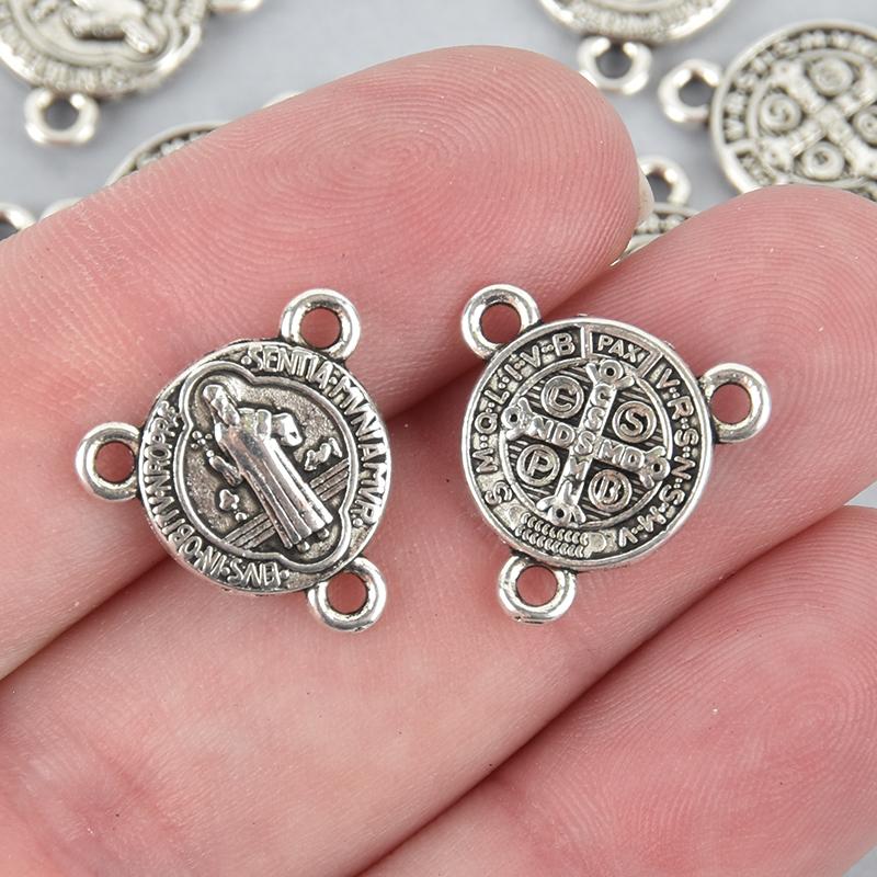 10 Silver Rosary Tri-Piece Jewelry Charms, Connector Link, Oval Patron Saint Medal, 16mm chs5005