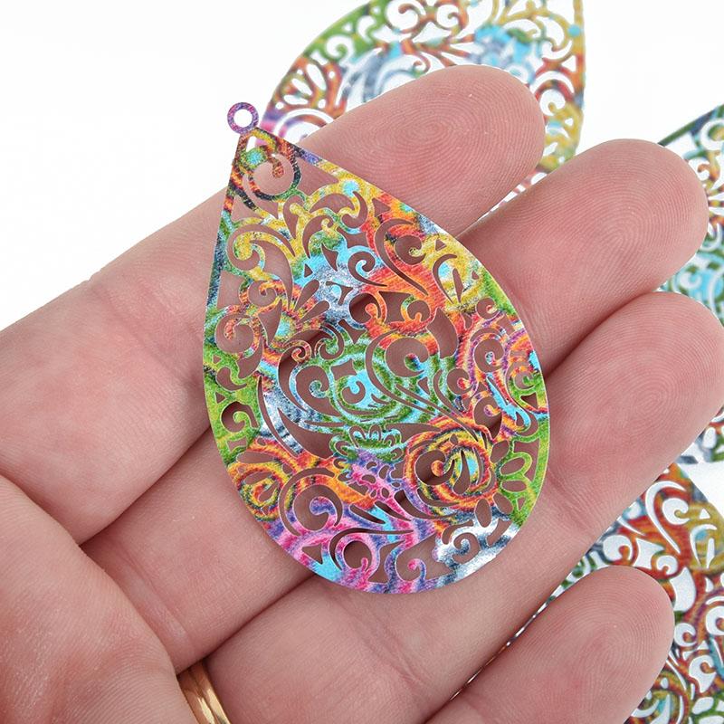 5 Metal RAINBOW TEARDROP Charms Filigree Enamel 2-1/8" chs5006