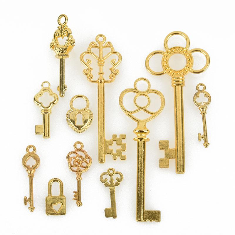 11 Gold Plated Key Charms, mixed styles chs5009