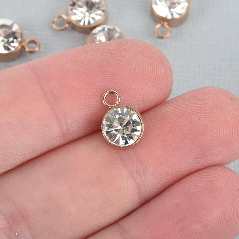 2 Rose Gold Drop Charms, 8mm Stainless Steel and CZ Crystal Dot Charms, chs5011