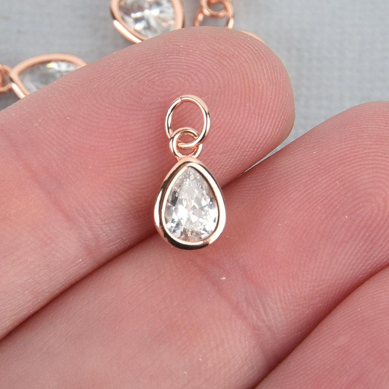 2 Rose Gold Drop Charms Teardrop Stainless Steel and CZ Crystal Dot Charms, chs5012