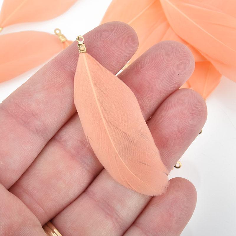 20 PEACH Real Feather Charms with gold bail 2" to 2.5" long, chs5014