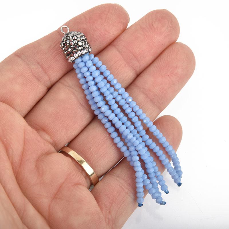 LIGHT BLUE Tassel Charm CRYSTAL Bead Pendant, Tassel Necklace Enhancer, Pave Rhinestone 3" long, chs5028