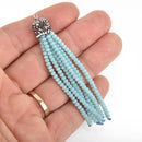 AQUA BLUE Tassel Charm CRYSTAL Bead Pendant, Tassel Necklace Enhancer, Pave Rhinestone 3" long, chs5035