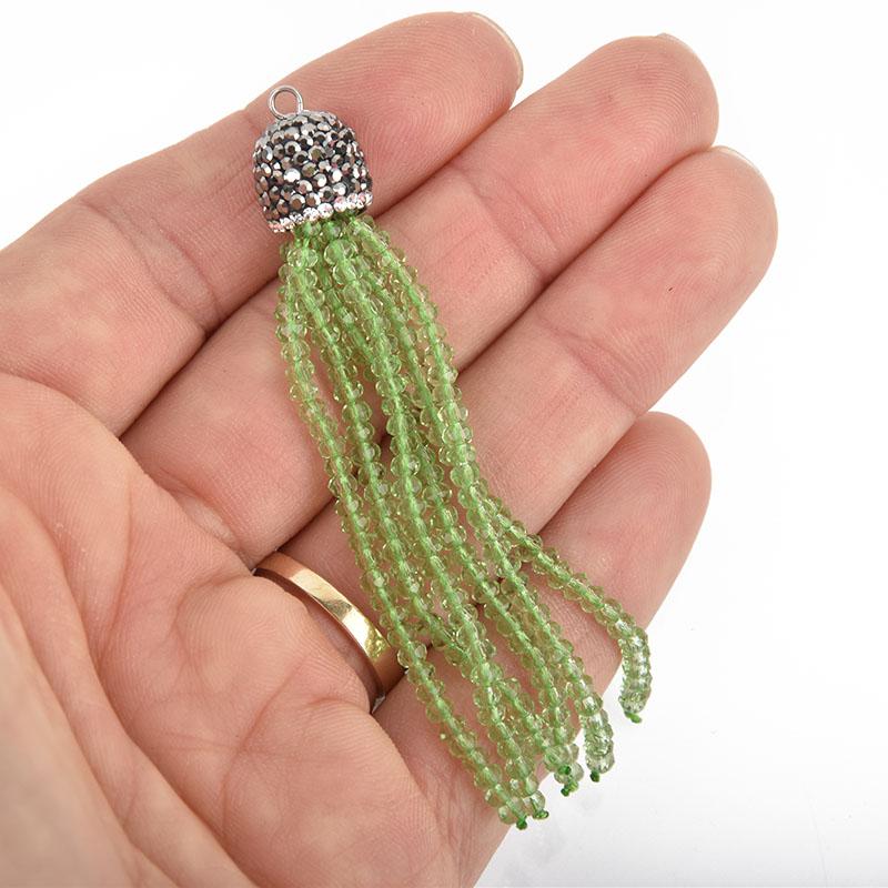 PERIDOT GREEN Tassel Charm CRYSTAL Bead Pendant, Tassel Necklace Enhancer, Pave Rhinestone 3" long, chs5038