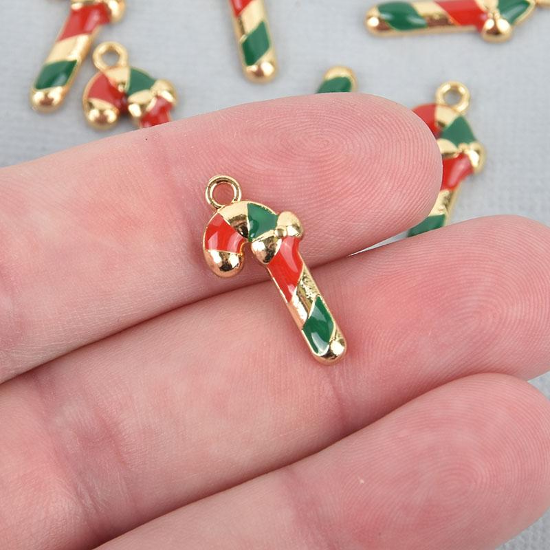 10 CHRISTMAS CANDY CANE Charms Enamel and Gold Plated 22mm chs5044