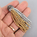 Gold and Silver Tassel Charm Bead Pendant, MATTE Tassel Necklace Enhancer, Pave Rhinestone 2.75" long, chs5050
