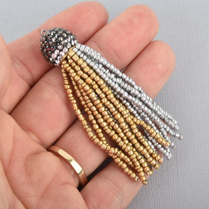 Gold and Silver Tassel Charm Bead Pendant, MATTE Tassel Necklace Enhancer, Pave Rhinestone 2.75" long, chs5050