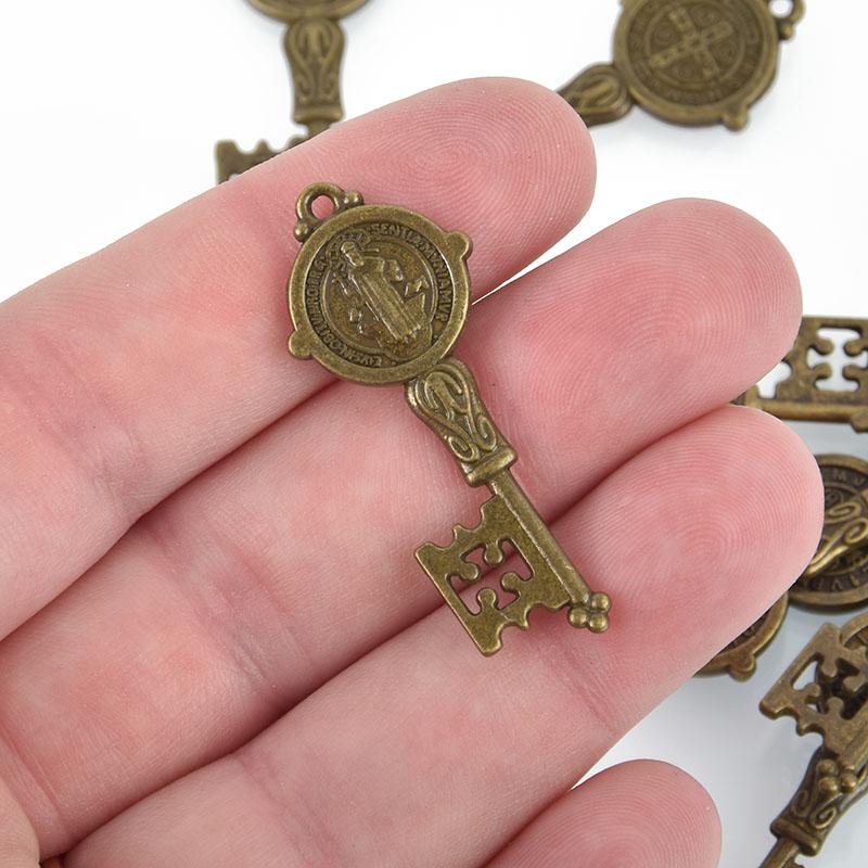 10 Bronze Key Charms Religious Medal Relic, Patron Saint charms, 41x17mm, chs5052