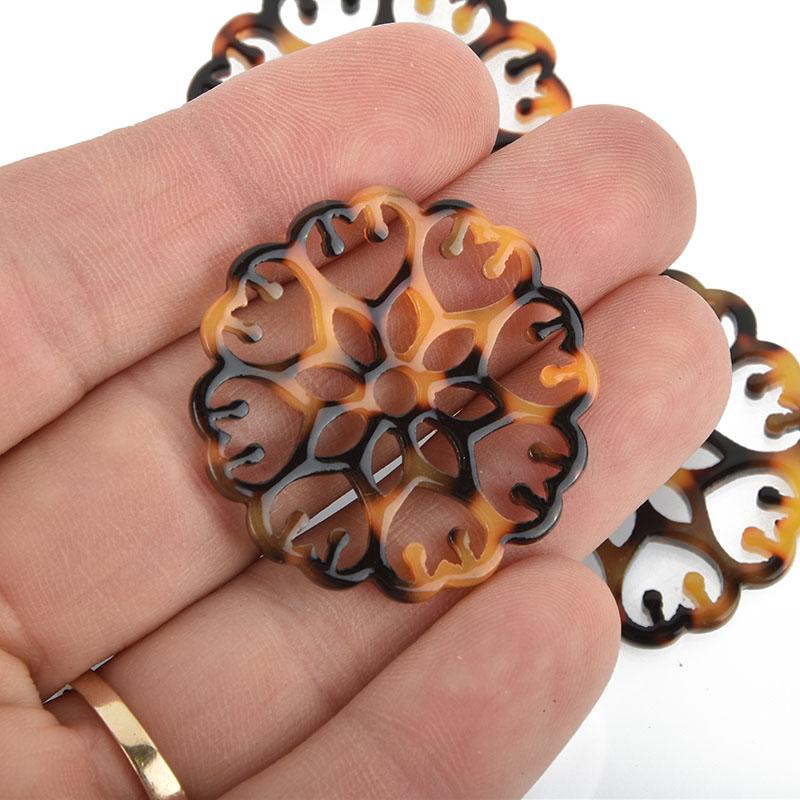 5 Resin Drop Charms, faux tortoise shell filigree circle disc, 35mm chs5053