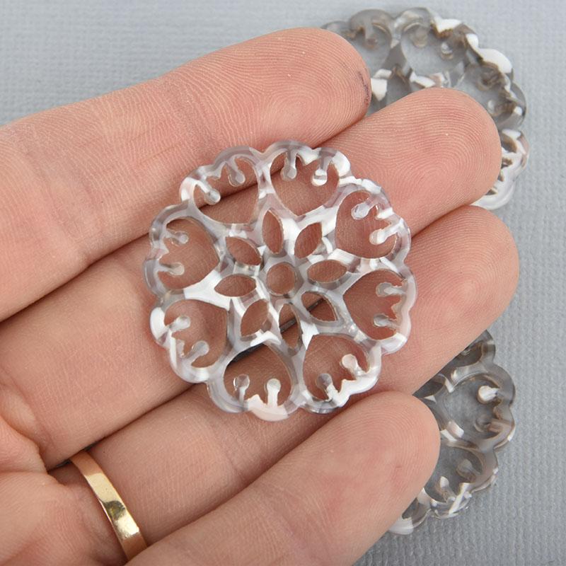 5 Resin Drop Charms, gray marbled filigree circle disc, 35mm chs5054