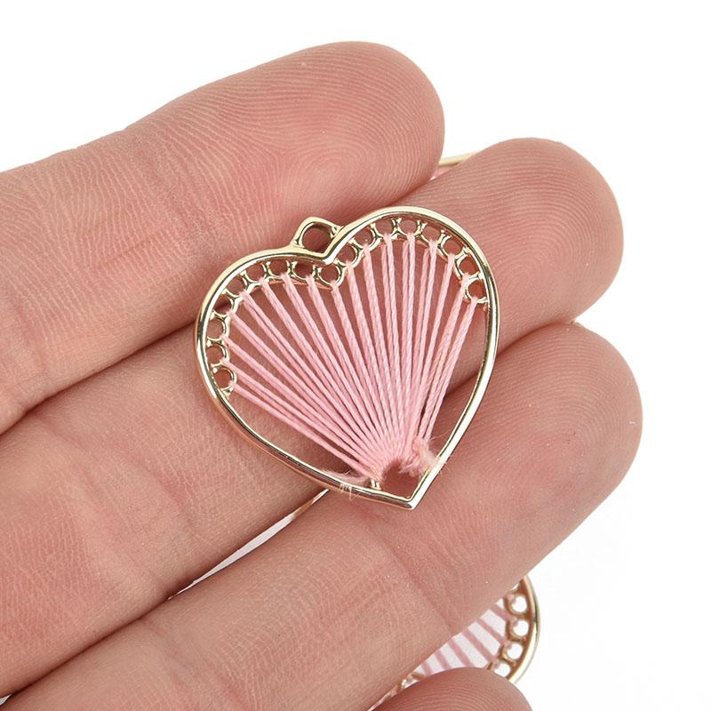 5 Heart Charms Gold Plate with PINK Thread chs5057