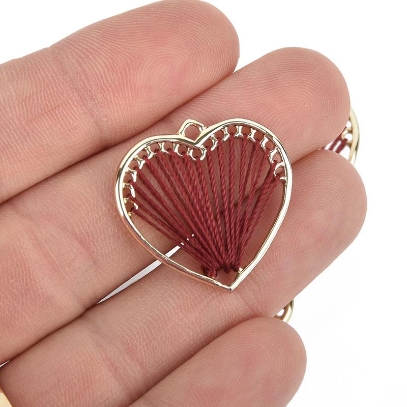 5 Heart Charms Gold Plate with MAROON RED Thread chs5067