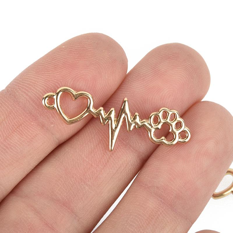 10 Gold Plated PET HEARTBEAT charms, two-hole connector dog cat animal bar charms chs5069