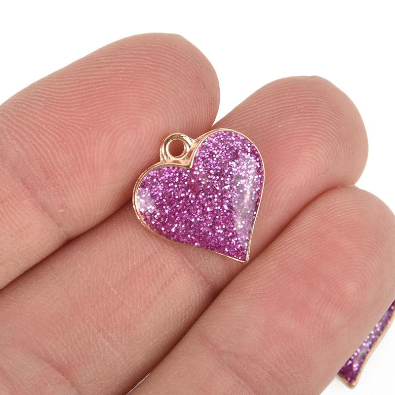 10 Purple Heart Charms, Glitter enamel with gold plated charm, 17mm chs5075
