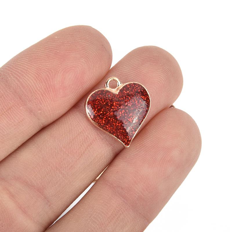 10 Red Heart Charms, Glitter enamel with gold plated charm, 17mm chs5076