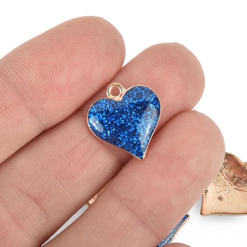 10 Blue Heart Charms, Glitter enamel with gold plated charm, 17mm chs5077