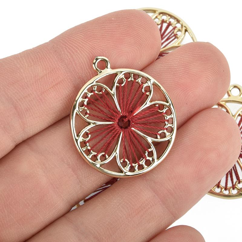 5 Flower Charms Gold Plate with MAROON RED Thread chs5085