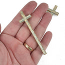2 Gold Patina CROSS Charm Pendants stamped with "BLESSED", hammered rustic metal, 76mm chs5089