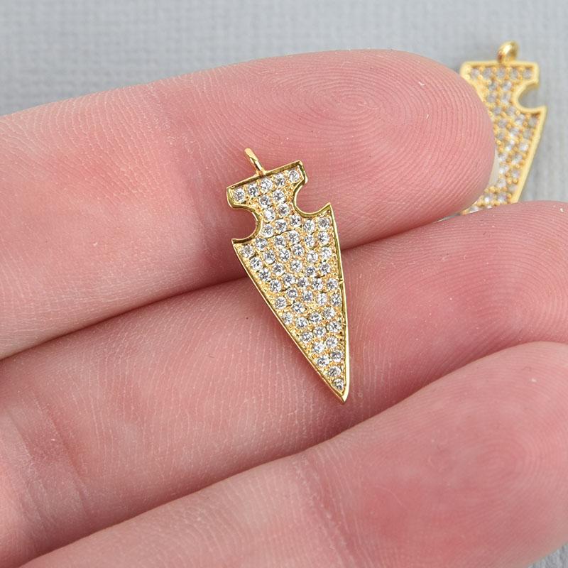 Gold ARROWHEAD Charm Micro Pave CZ Crystals Rhinestone Brass Metal Triangle Charm 22mm chs5097