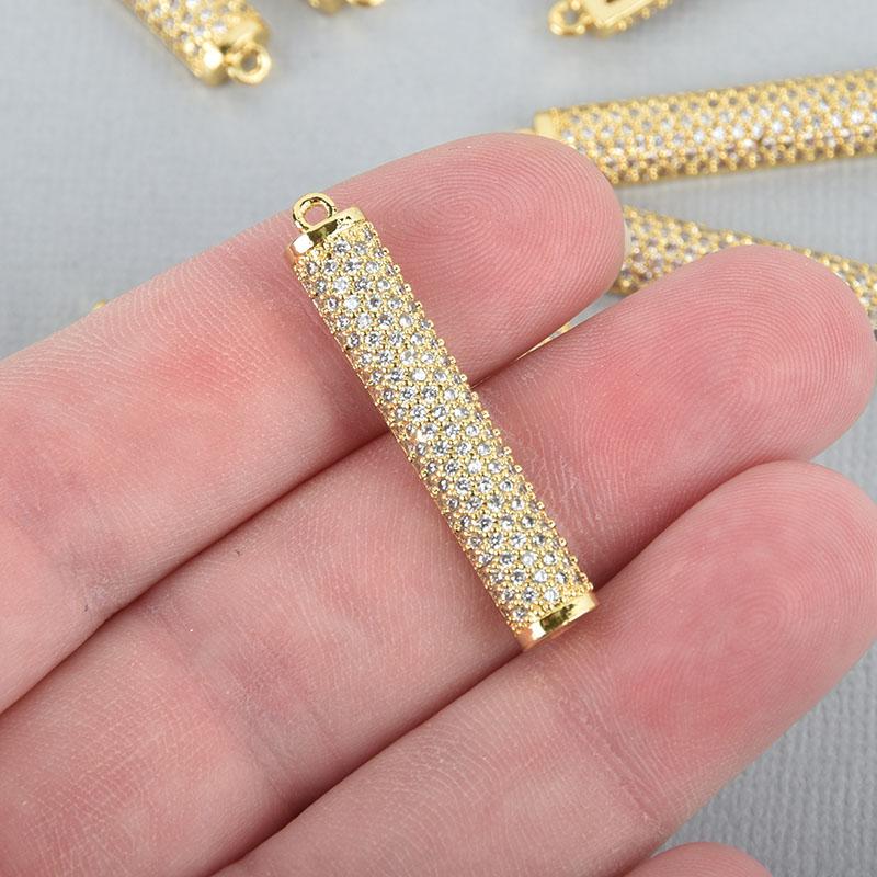 1 Gold Stick Charm Pendant, Micro Pave Cubic Zirconia Crystals, Rhinestone with Brass Metal, 1-1/3", chs5099