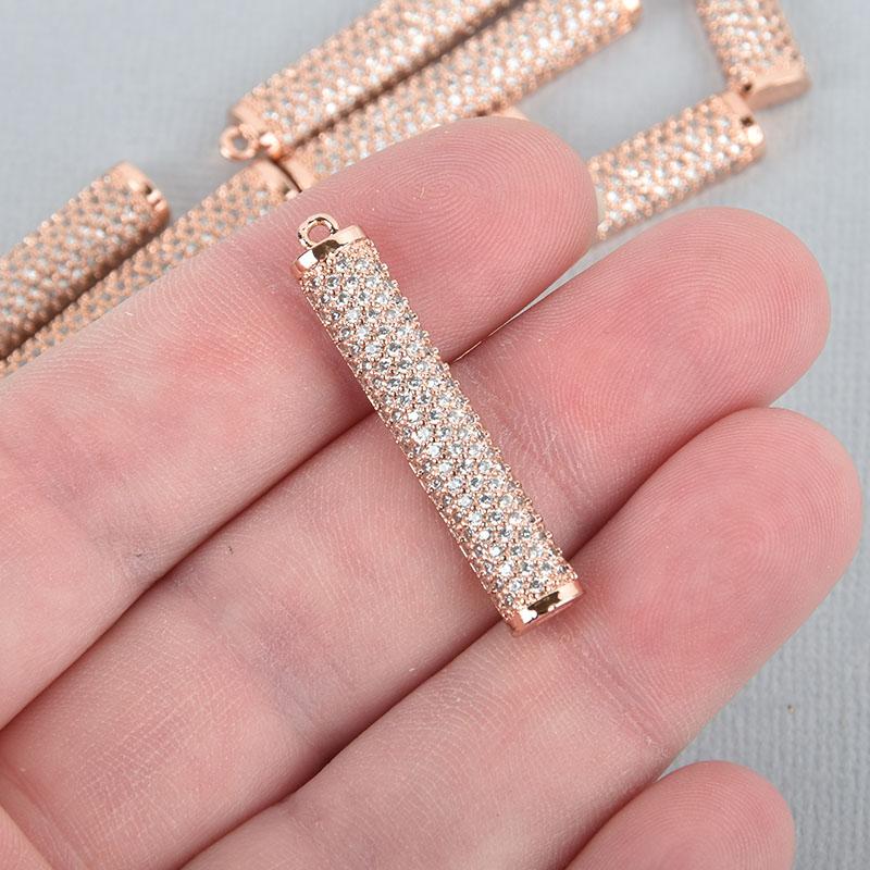 1 Rose Gold Stick Charm Pendant, Micro Pave Cubic Zirconia Crystals, Rhinestone with Brass Metal, 1-1/3", chs5100