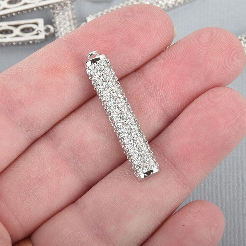 1 Silver Stick Charm Pendant, Micro Pave Cubic Zirconia Crystals, Rhinestone with Brass Metal, 1-1/3", chs5102