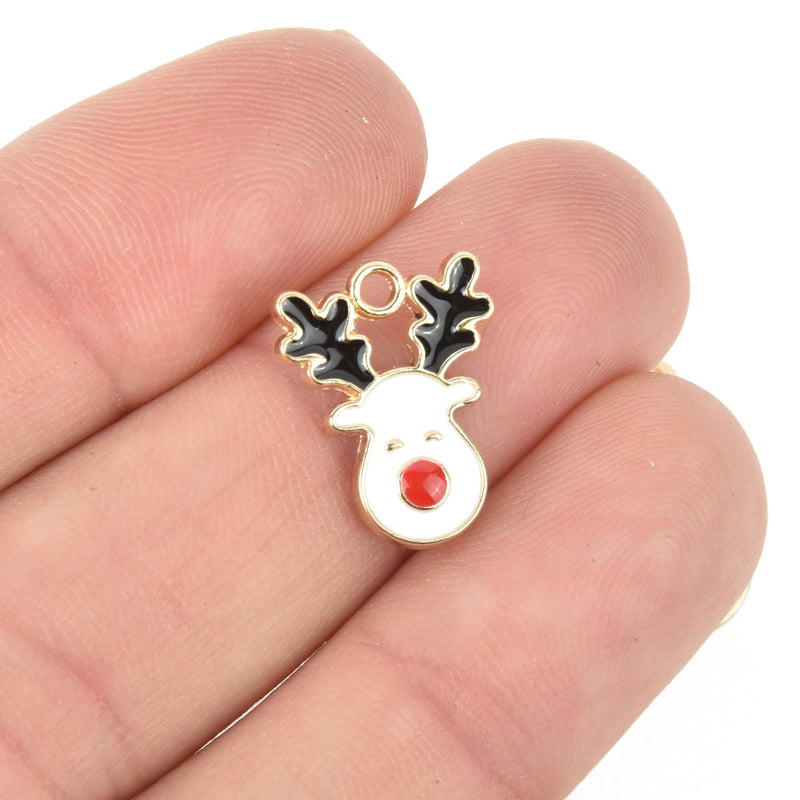 10 REINDEER Christmas Charms Gold Plated with enamel chs5120