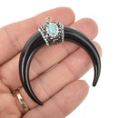 Black Double Horn Pendant, 2" Crescent Moon Resin Micro Pave chs5125