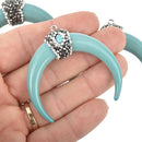 Turquoise Blue Double Horn Pendant, 2" Crescent Moon Resin Micro Pave chs5126